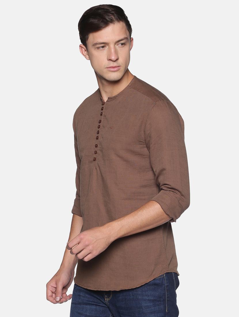 brown solid linen short kurta - 17844335 - Zoom Image - 2