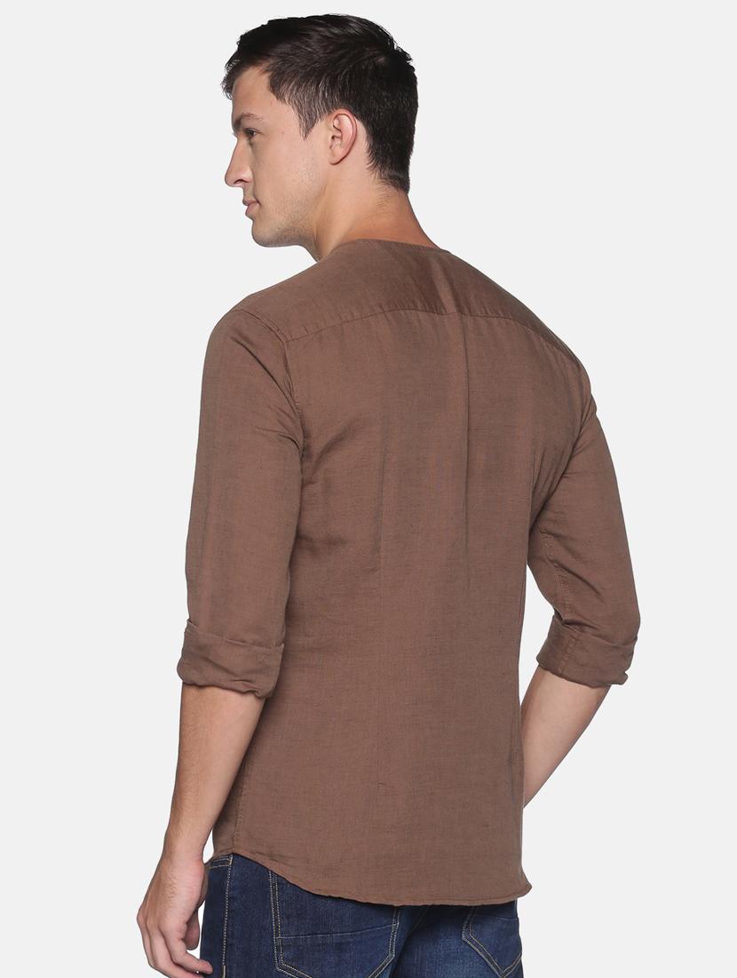 brown solid linen short kurta - 17844335 - Zoom Image - 3