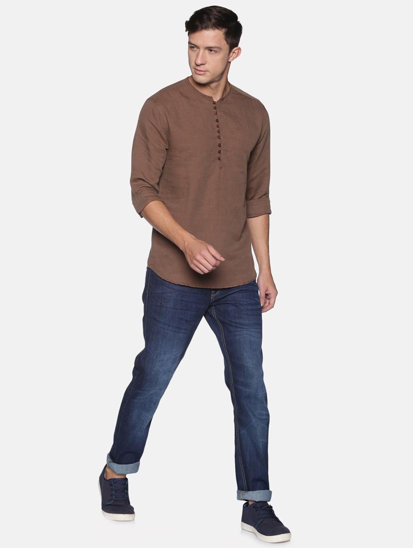 brown solid linen short kurta - 17844335 - Zoom Image - 4