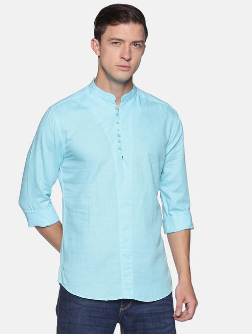 blue solid linen short kurta - 17844337 - Standard Image - 1