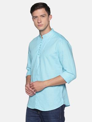 blue solid linen short kurta - 17844337 - Standard Image - 2
