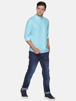 blue solid linen short kurta - 17844337 - Standard Image - 4