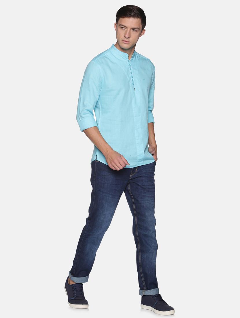 blue solid linen short kurta - 17844337 - Zoom Image - 4