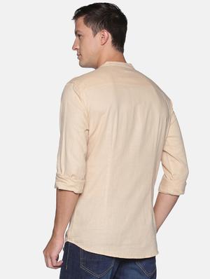 beige solid linen short kurta - 17844354 - Standard Image - 3