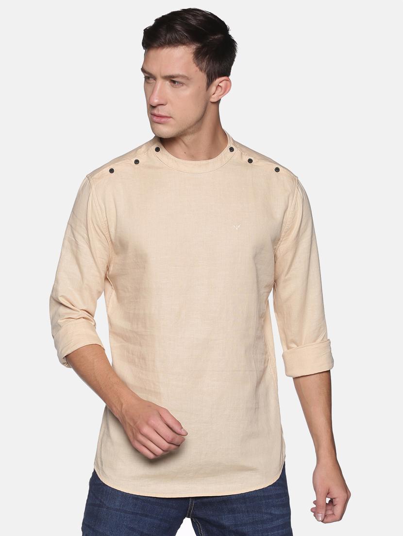 beige solid linen short kurta - 17844354 - Zoom Image - 1