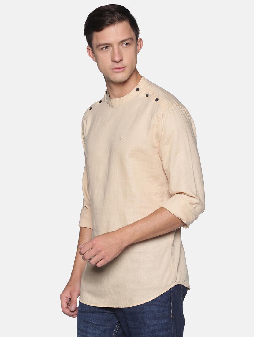 beige solid linen short kurta - 17844354 - Zoom Image - 2