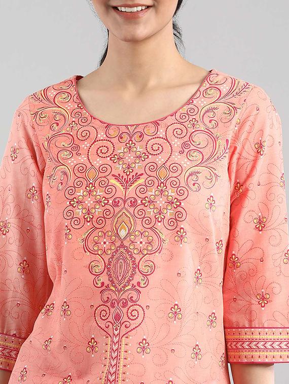 peach printed straight kurta - 17852352 - Zoom Image - 4