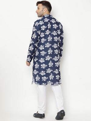 navy blue floral print kurta pyjama set - 17855793 - Standard Image - 4