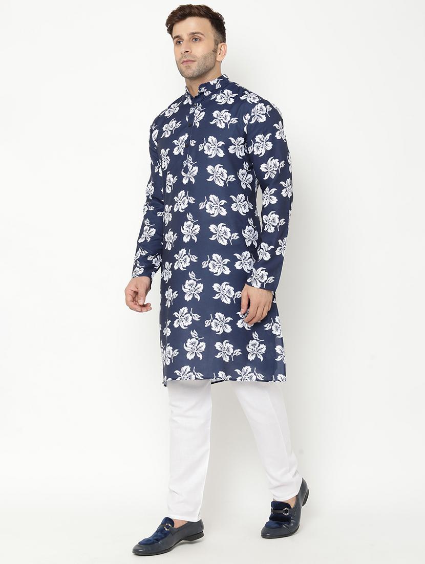 navy blue floral print kurta pyjama set - 17855793 - Zoom Image - 2