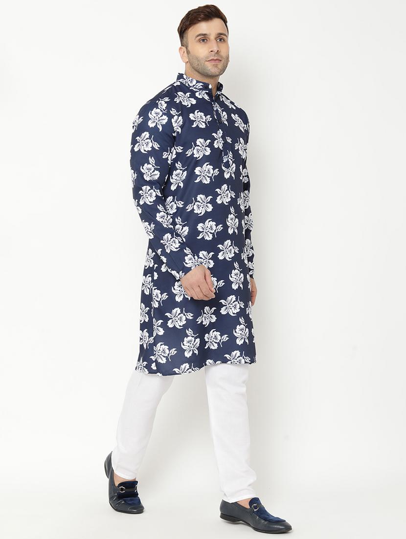 navy blue floral print kurta pyjama set - 17855793 - Zoom Image - 3