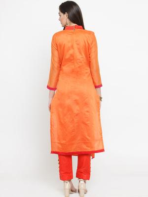 orange silk straight pant suits semistitched suit - 17856834 - Standard Image - 3