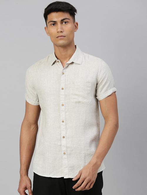 beige solid linen casual shirt - 17859257 - Standard Image - 1