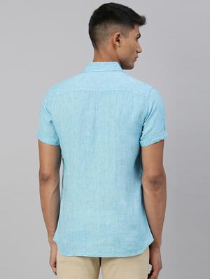 blue solid linen casual shirt - 17859258 - Standard Image - 3