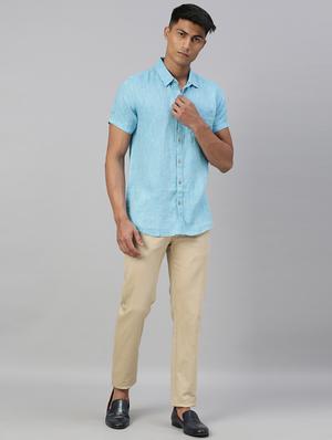 blue solid linen casual shirt - 17859258 - Standard Image - 4