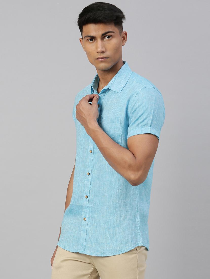 blue solid linen casual shirt - 17859258 - Zoom Image - 2