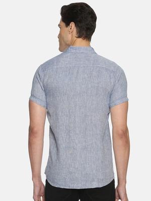dark blue solid linen casual shirt - 17859259 - Standard Image - 3