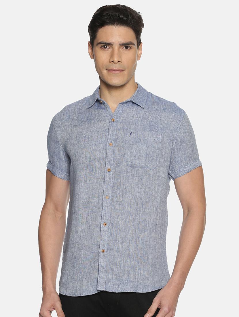 dark blue solid linen casual shirt - 17859259 - Zoom Image - 1