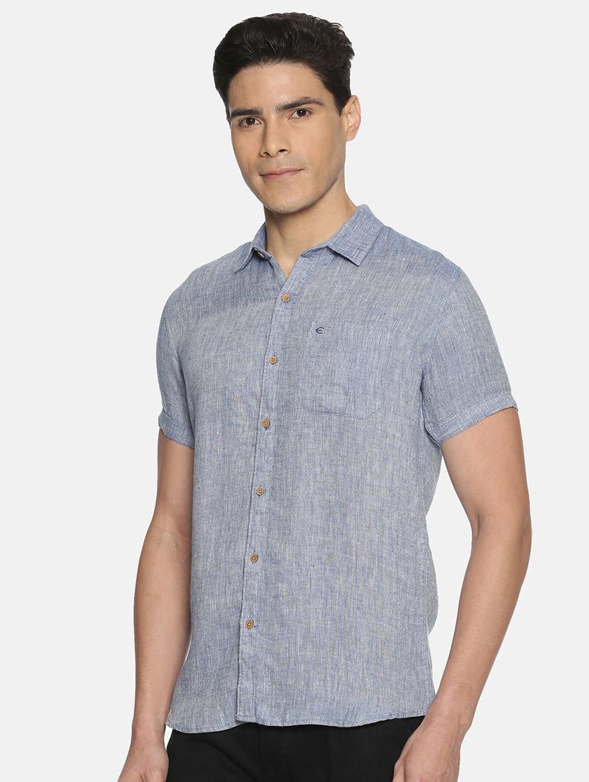dark blue solid linen casual shirt - 17859259 - Zoom Image - 2