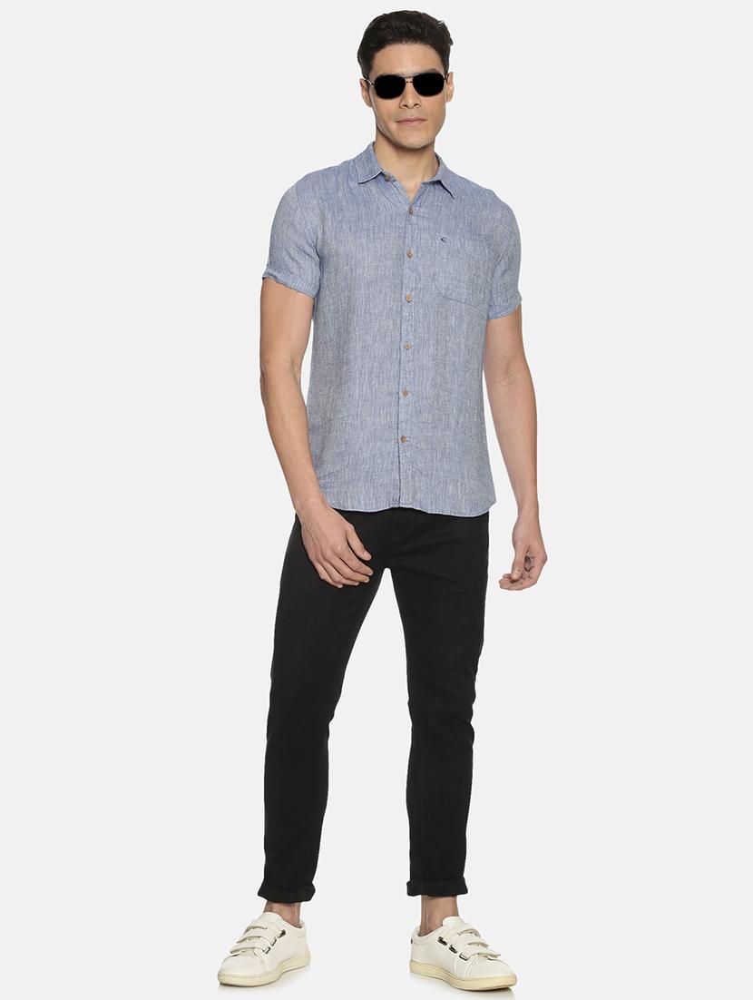 dark blue solid linen casual shirt - 17859259 - Zoom Image - 4