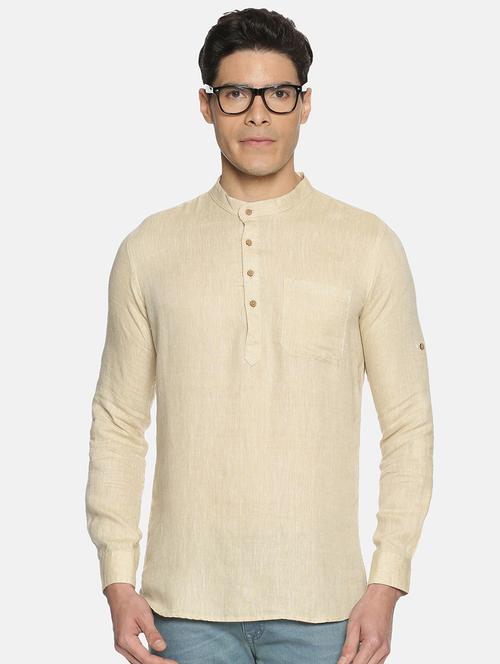 beige solid linen short kurta - 17860050 - Standard Image - 1