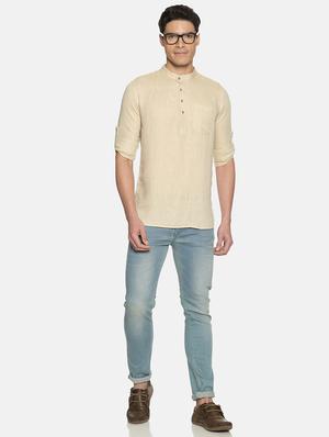 beige solid linen short kurta - 17860050 - Standard Image - 4