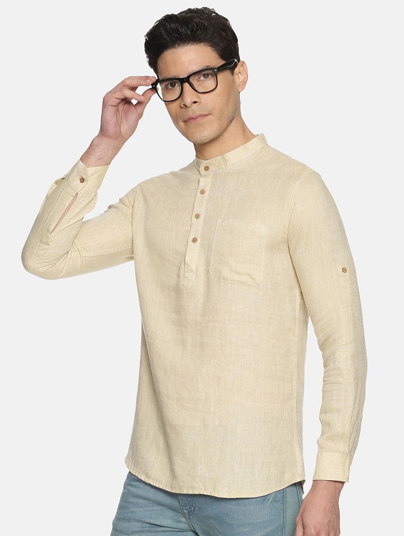 beige solid linen short kurta - 17860050 - Zoom Image - 2
