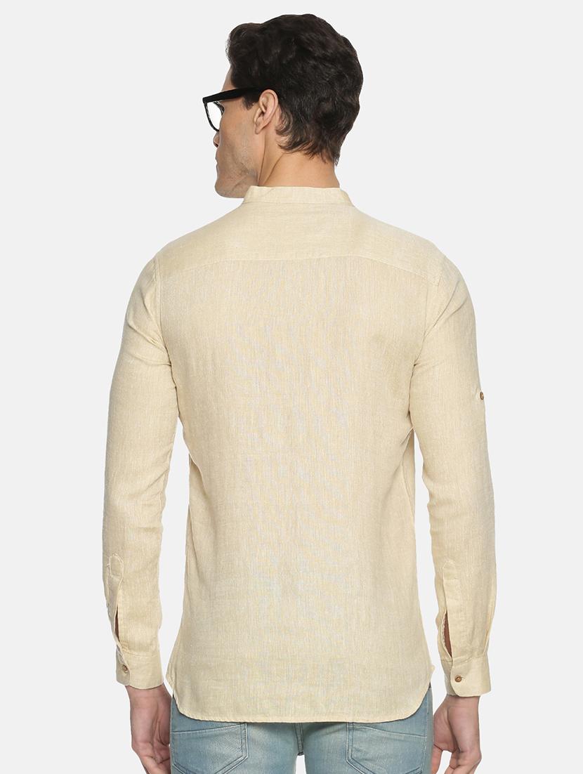 beige solid linen short kurta - 17860050 - Zoom Image - 3