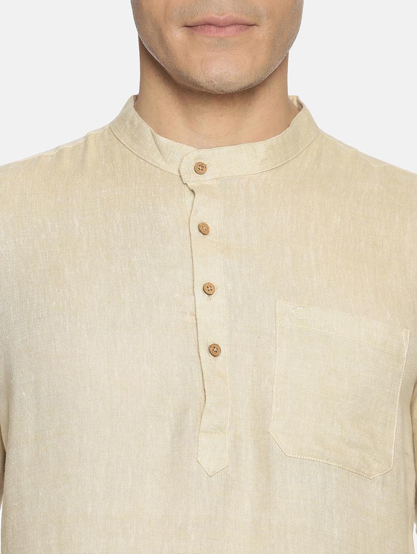 beige solid linen short kurta - 17860050 - Zoom Image - 5