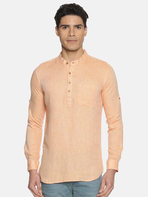 peach solid linen short kurta - 17860052 - Standard Image - 1