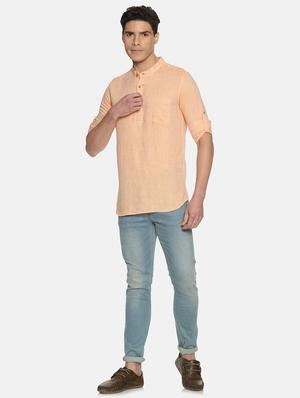 peach solid linen short kurta - 17860052 - Standard Image - 4