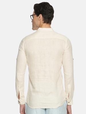 cream solid linen short kurta - 17860053 - Standard Image - 3