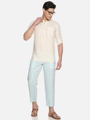 cream solid linen short kurta - 17860053 - Standard Image - 4