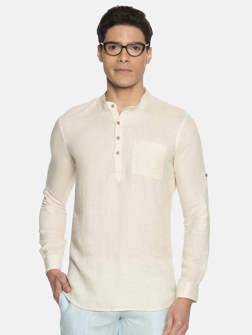 cream solid linen short kurta - 17860053 - Zoom Image - 1