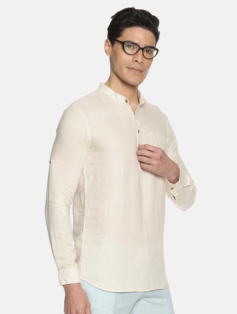 cream solid linen short kurta - 17860053 - Zoom Image - 2