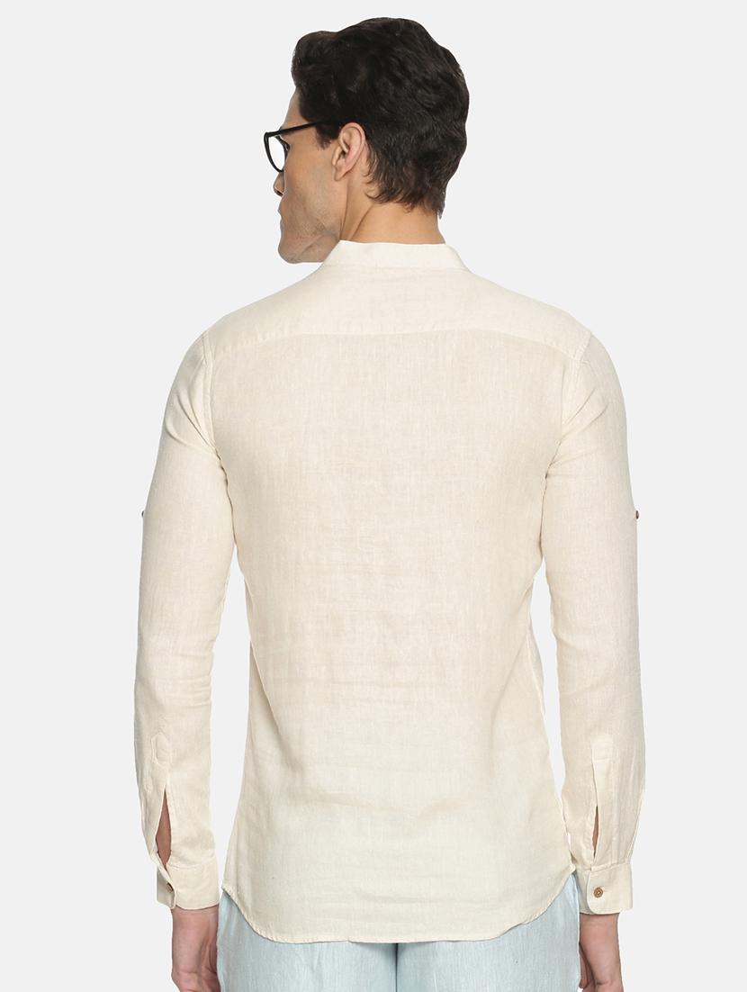 cream solid linen short kurta - 17860053 - Zoom Image - 3