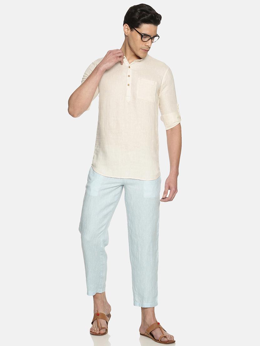 cream solid linen short kurta - 17860053 - Zoom Image - 4