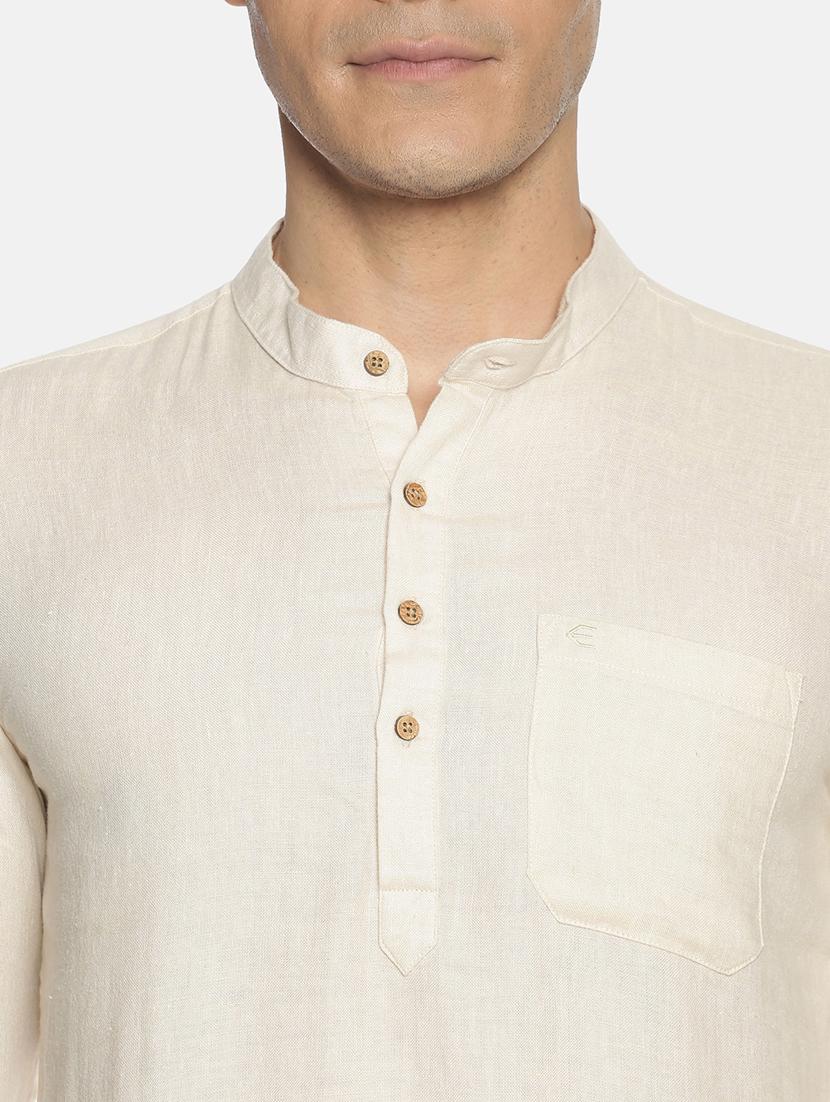 cream solid linen short kurta - 17860053 - Zoom Image - 5