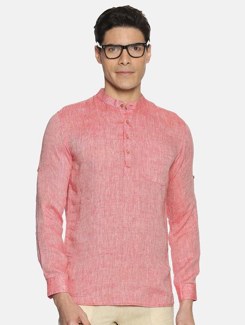 red solid linen short kurta - 17860054 - Standard Image - 1