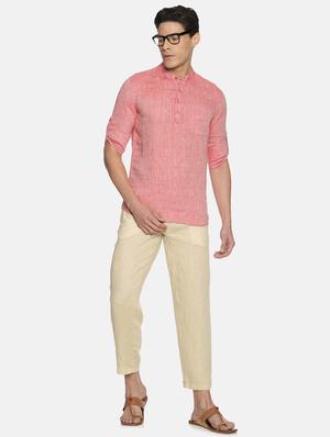 red solid linen short kurta - 17860054 - Standard Image - 4