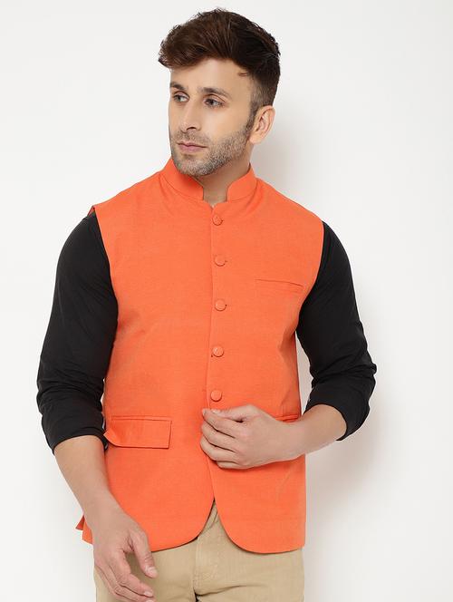 orange solid nehru jacket - 17860060 - Standard Image - 1