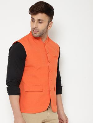orange solid nehru jacket - 17860060 - Standard Image - 2