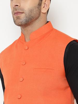 orange solid nehru jacket - 17860060 - Standard Image - 5