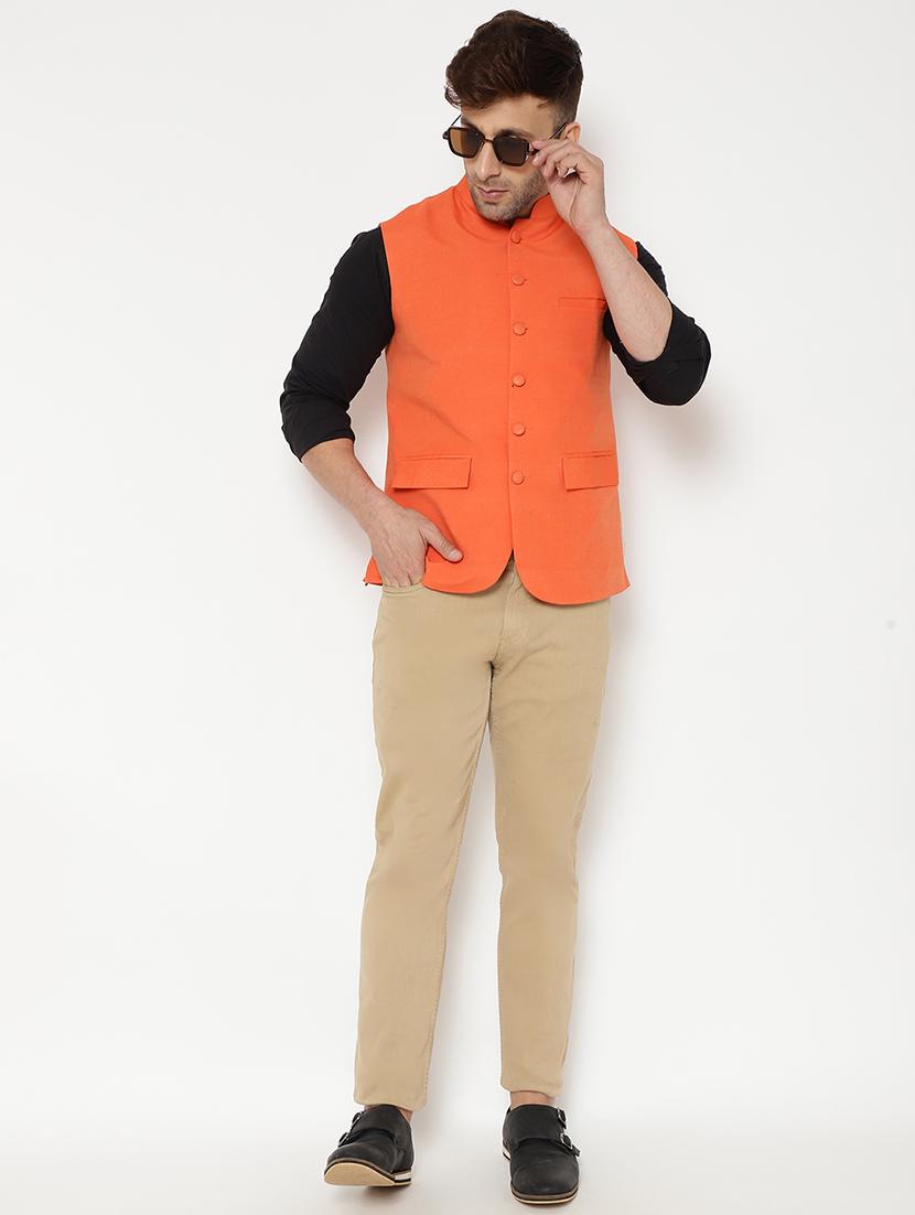 orange solid nehru jacket - 17860060 - Zoom Image - 4