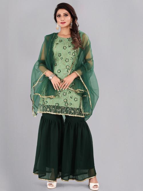 green net sharara unstitched suit - 17861597 - Standard Image - 1
