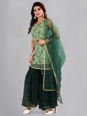green net sharara unstitched suit - 17861597 - Standard Image - 2