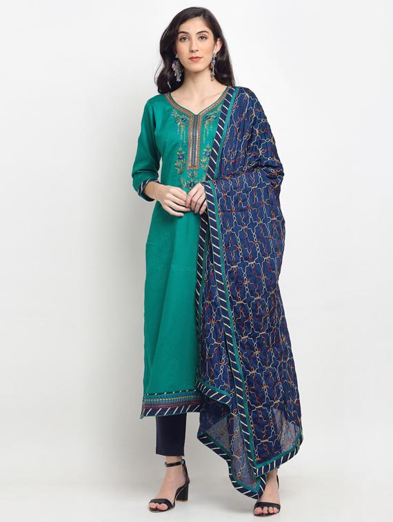 green cotton blend straight pant suits unstitched suit - 17861614 - Zoom Image - 1