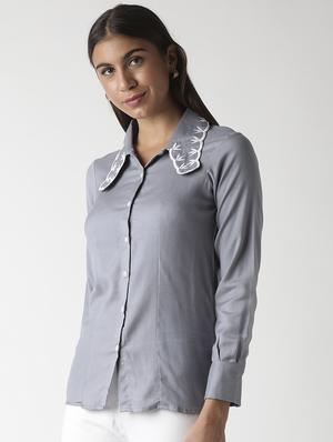 grey embroidered collar shirt - 17864419 - Standard Image - 2