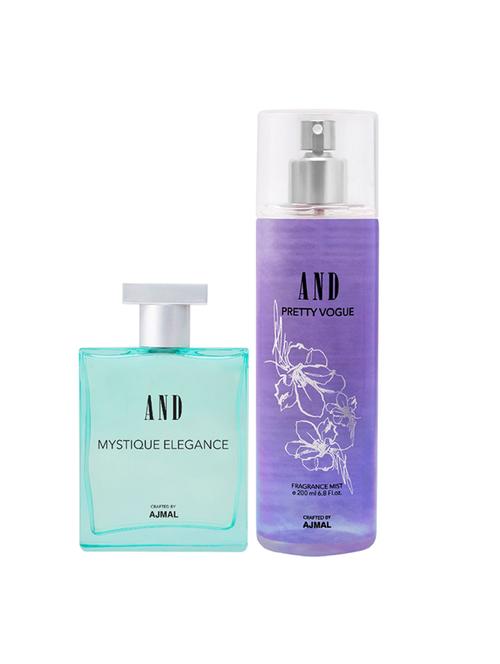 and mystique elegance eau de parfum 50ml & pretty vogue body mist 200ml pack of 2 for women crafted by ajmal + 2 parfum testers - 17867640 - Standard Image - 1