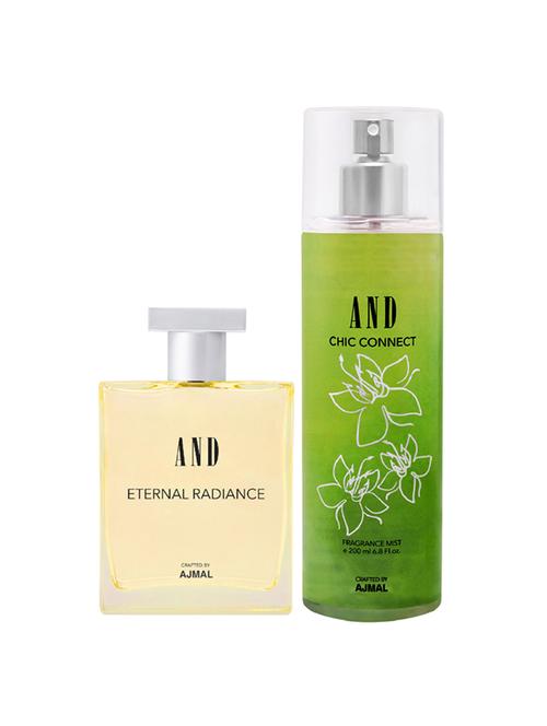 and eternal radiance eau de parfum 50ml & chic connect body mist 200ml pack of 2 for women crafted by ajmal + 2 parfum testers - 17867647 - Standard Image - 1