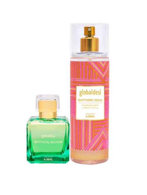 global mythical bloom eau de parfum 50ml & rhytmic soul body mist 200ml pack of 2 for women crafted by ajmal + 2 parfum testers - 17869359 - Standard Image - 1